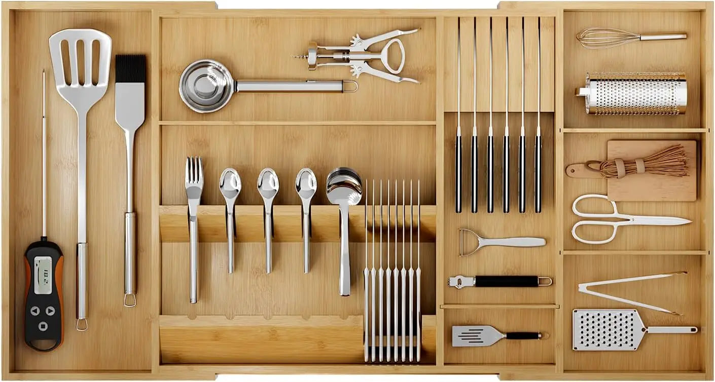 Bamboo Silverware Drawer Organizer, 17.7-29.5 Inch Expandable Large Kitchen Drawer Organizer, 5-8