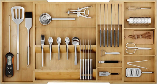 Bamboo Silverware Drawer Organizer, 17.7-29.5 Inch Expandable Large Kitchen Drawer Organizer, 5-8