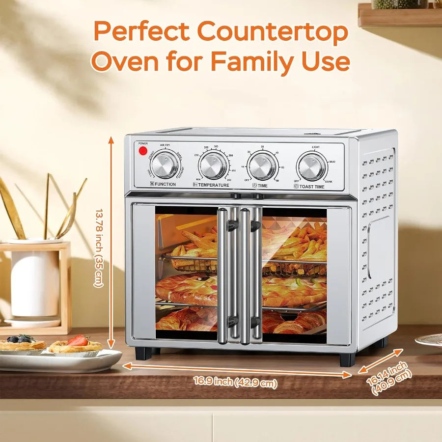 26QT Air Fryer Toaster Oven Combo with French Doors and 7 Preset Menus 1700W Stainless Steel Convection Countertop Oven for Bak