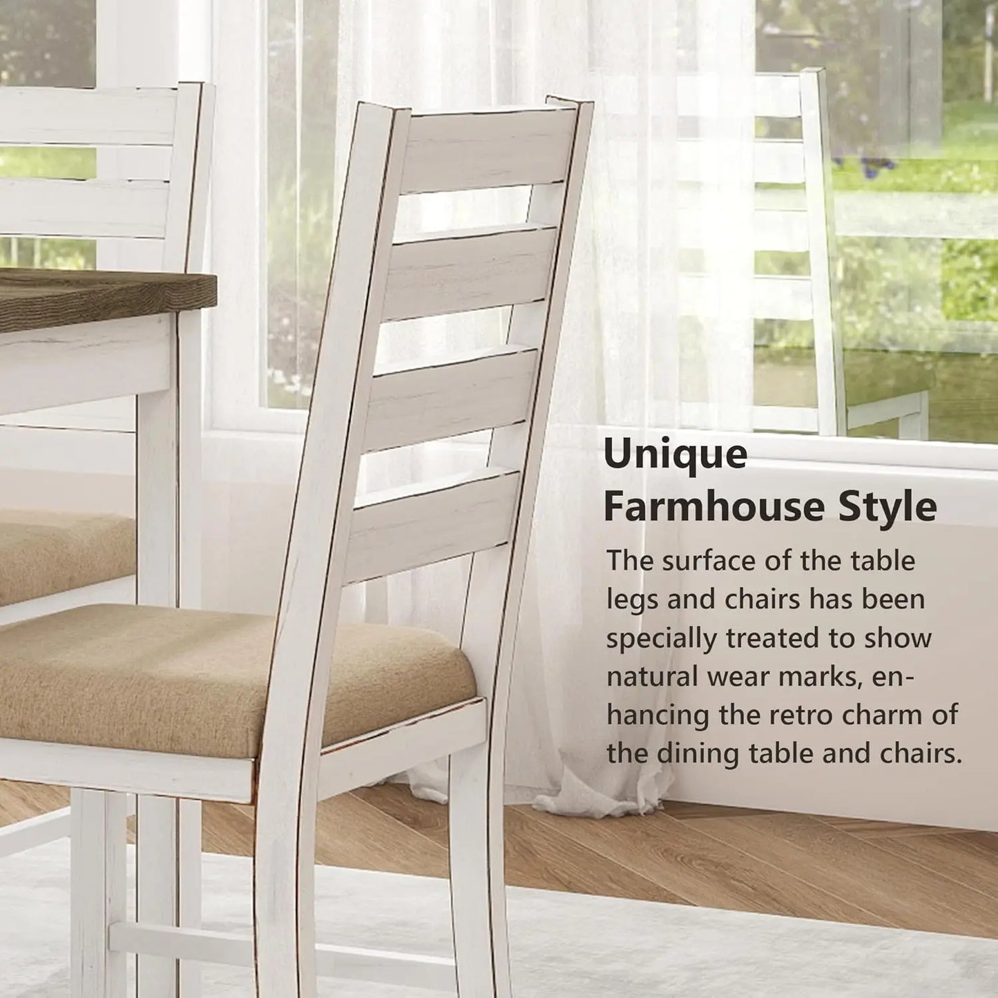 Farmhouse Dining Table Set for 6 Person, 59" Kitchen Table Set with 6 Upholstered Chairs, White Rectangular Dinner, Customized