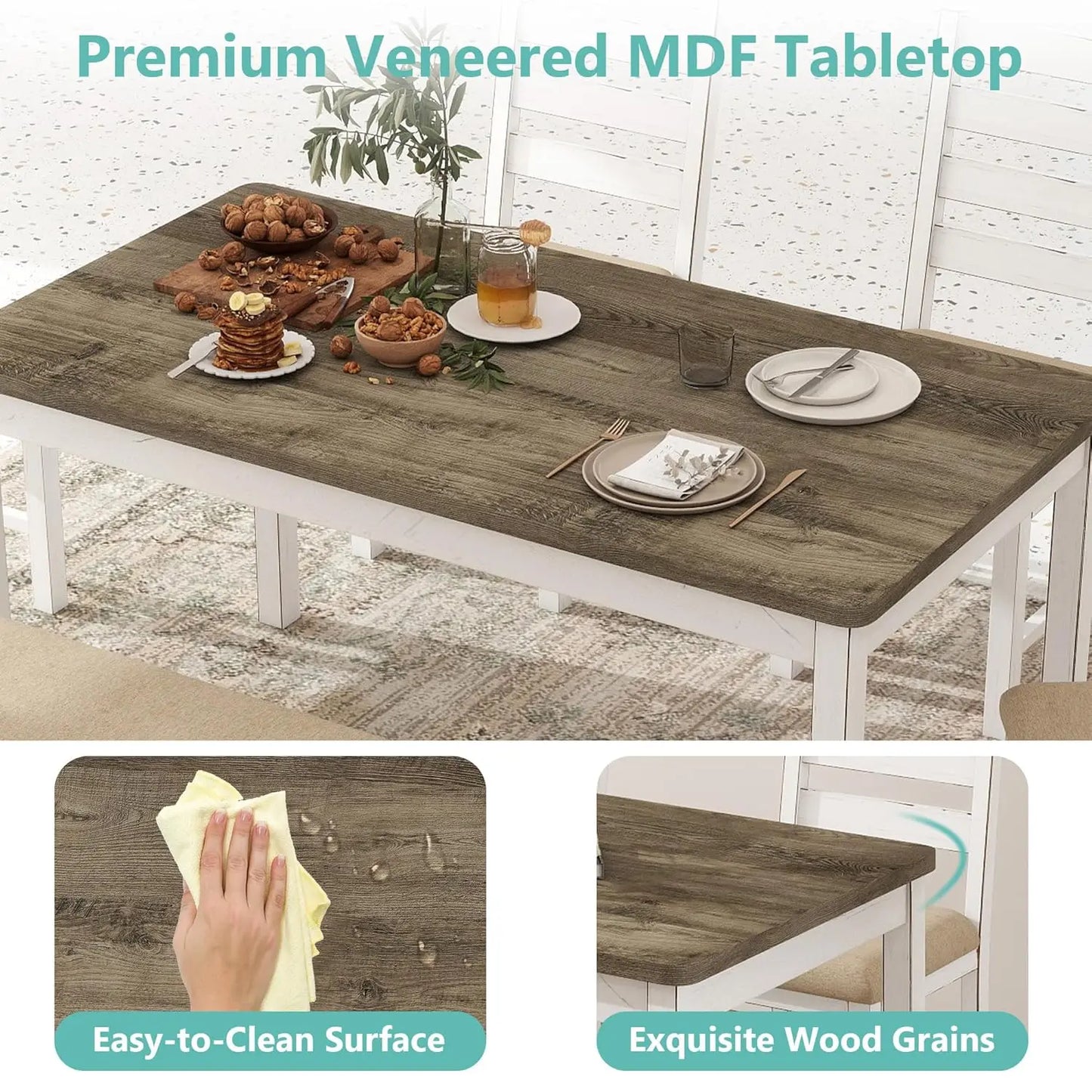 Farmhouse Dining Table Set for 6 Person, 59" Kitchen Table Set with 6 Upholstered Chairs, White Rectangular Dinner, Customized