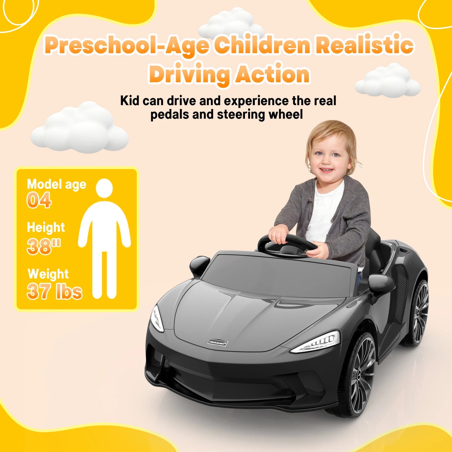 12V Ride On Car Electric Car for Kids Gift 3 Speeds,w/Remote Control Hydraulic Doors, Led Headlights Rocking & Music