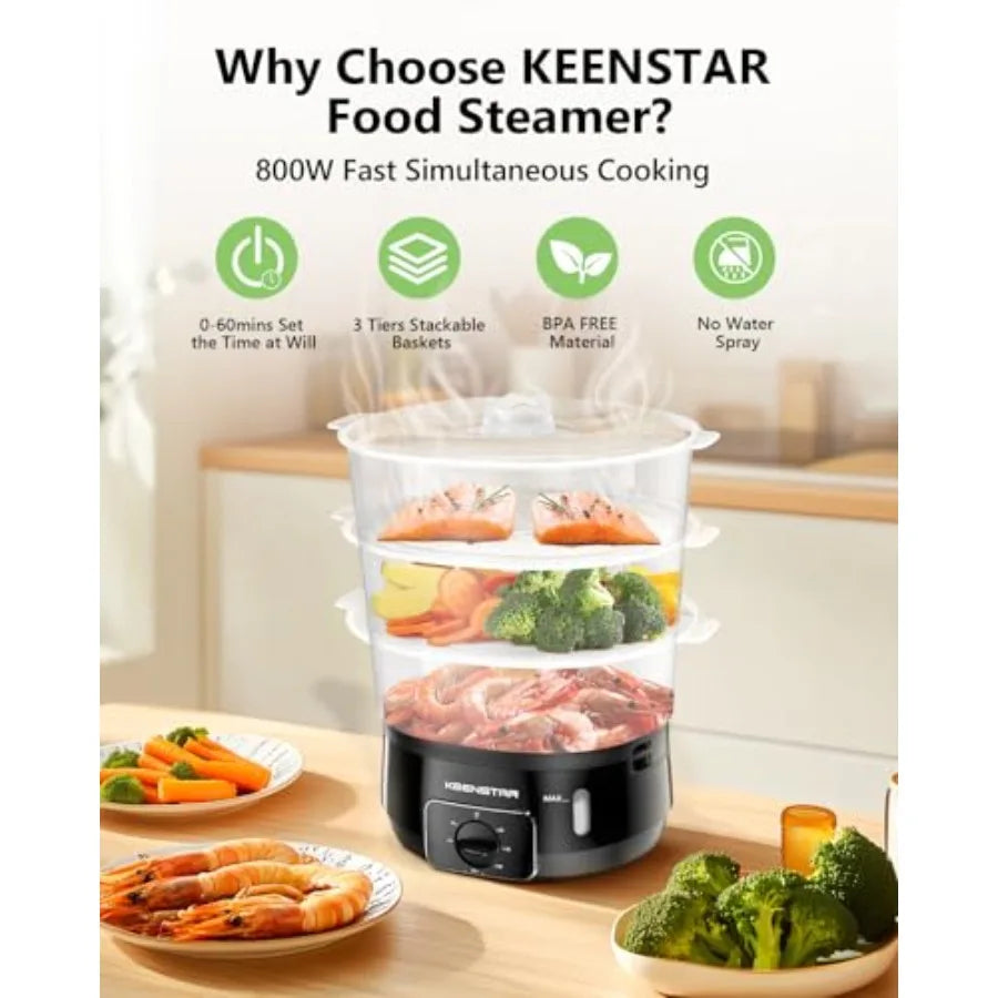Electric Food Steamer 13.7QT 3-Tier BPA-Free Vegetable Steamer with 800W Fast Cooking 60-Minute Timer for Veggies Seafood Rice