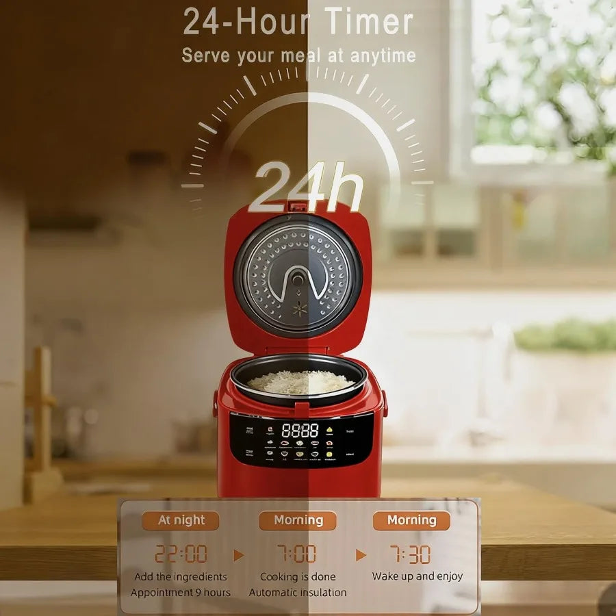 2L Mini Portable Rice Cooker for 5 Cups Cooked/3 Cups Uncooked 400W Non-Stick 24-Hour Timer Delay 10 Functions Fast Cooking Sta
