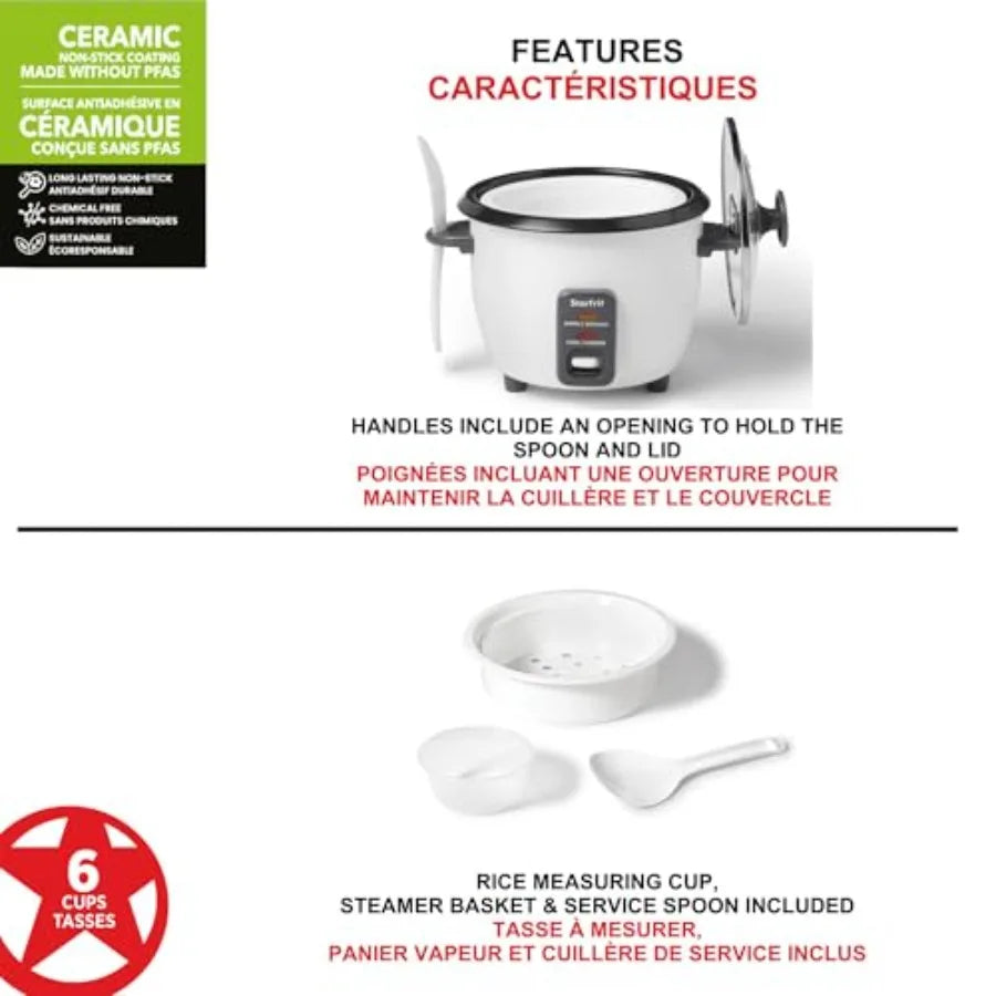 Electric Rice Cooker for Home Use - 6 Cups Capacity with Steamer Basket Measuring Cup and Service Spoon - 300W Power Output - I