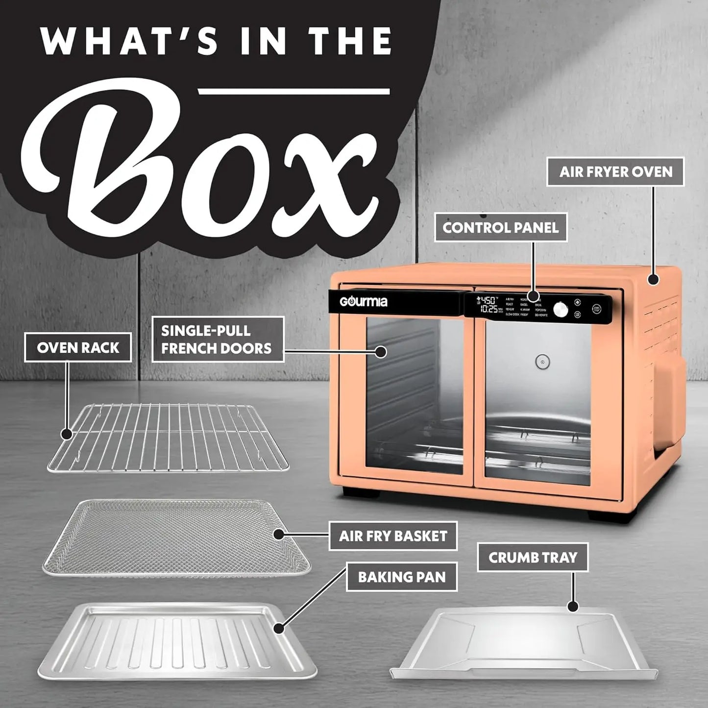 Large Capacity French Door Air Fryer Oven with 12 Presets, Digital Display, Fits 13-inch Pizza, Dishwasher-Safe