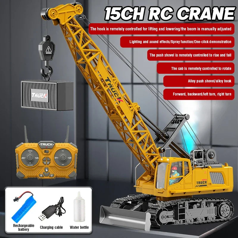 RC Crane Tractor 2.4G 15/13/11/9CH Children Electric Alloy Arm Remote Control Truck Engineering Vehicle Electric Spray Hook Toy