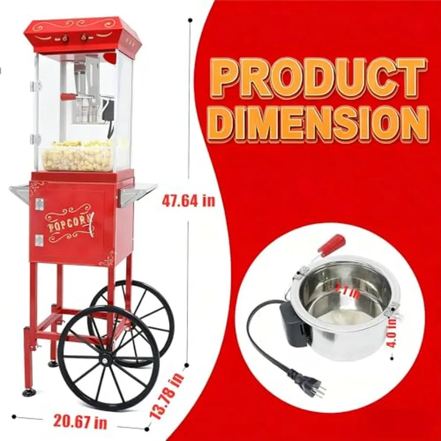 Popcorn Machine with Cart - 8OZ Stainless Steel Kettle Popcorn Maker With Wheels for Home Parties Movie Theater Grade Electric