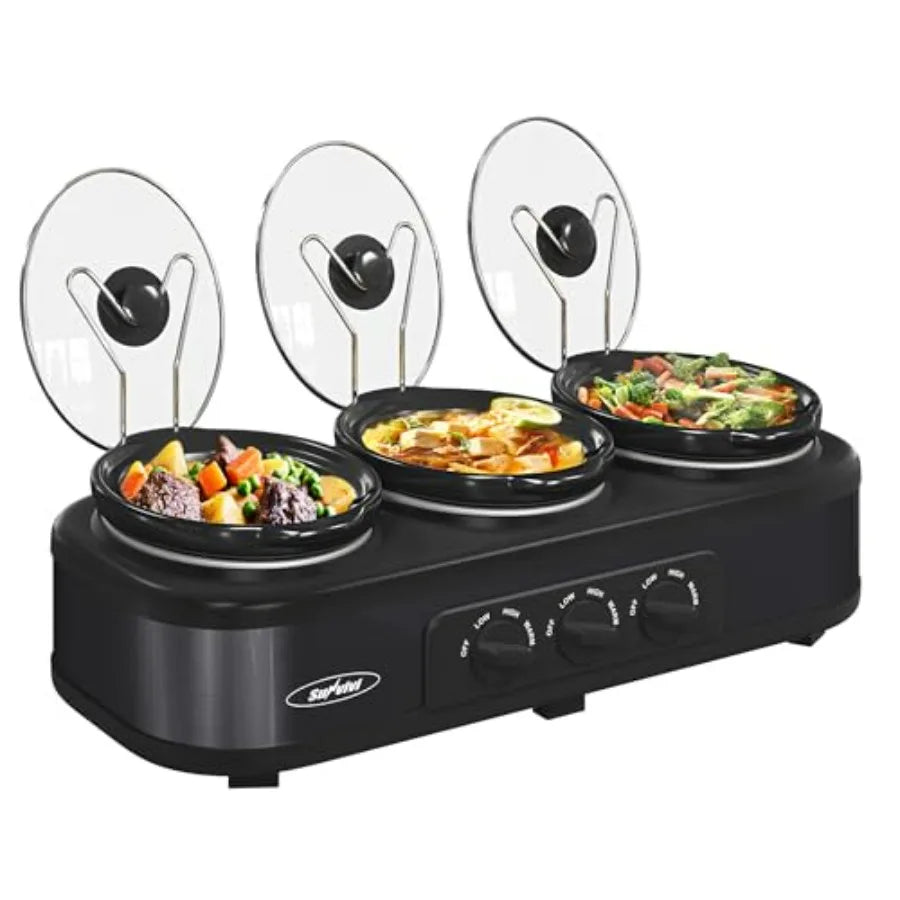 Triple Slow Cooker Buffet Server Warmer with 3 Removable Ceramic Pots 3 Adjustable Temp Settings 3 Metal Lid Rests Stainless St