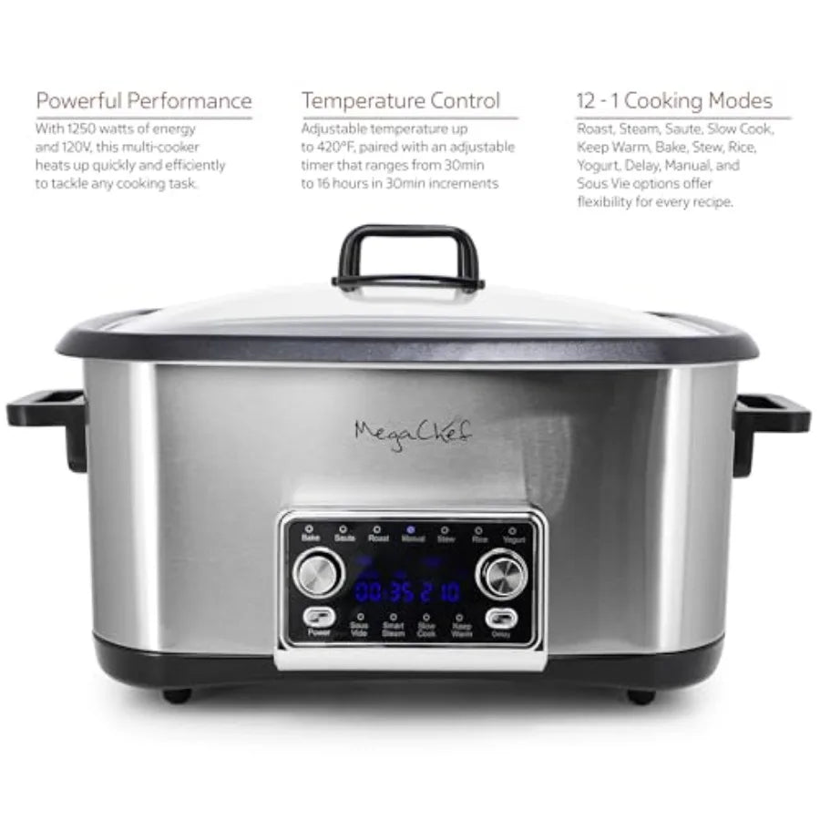 8 Quart 12-in-1 Programmable Multi Cooker with Sous Vide Digital Display Adjustable Temperature Time Removable Pot Tempered Gla