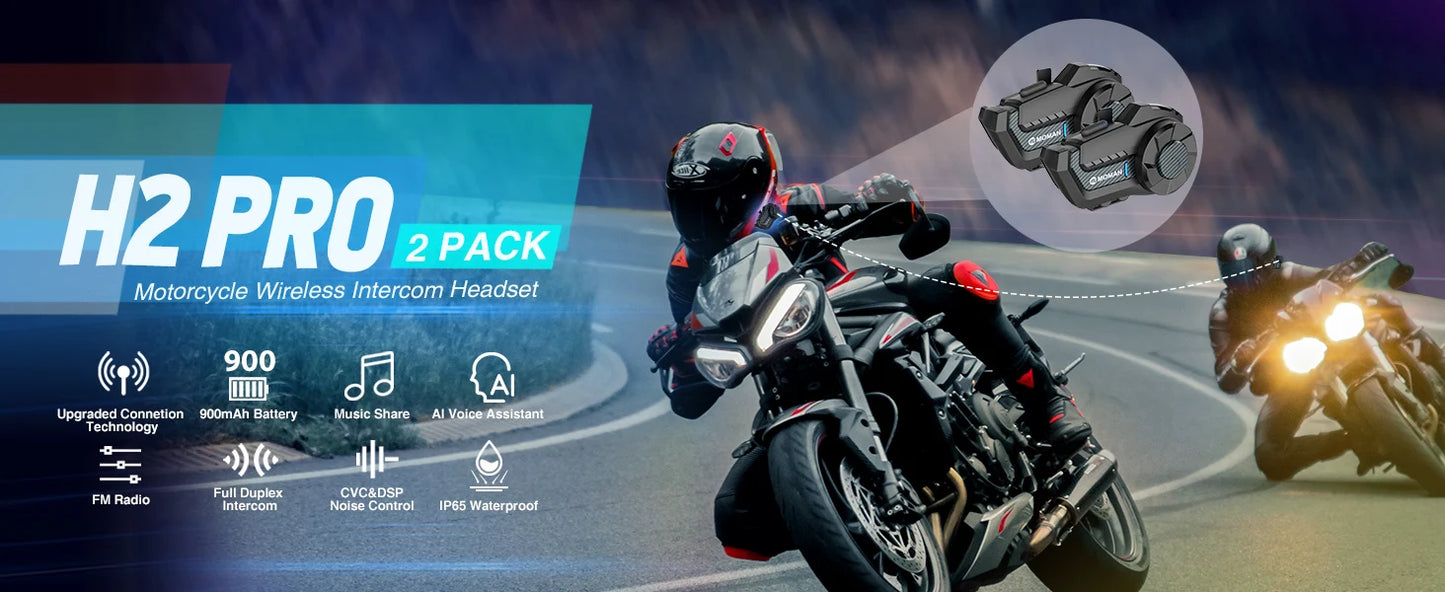Moman H2Pro Motorbike Helmet Motorcycle Intercom Communication System up to 1000M with DSP&CVC Noise Cancellation FM Music Share