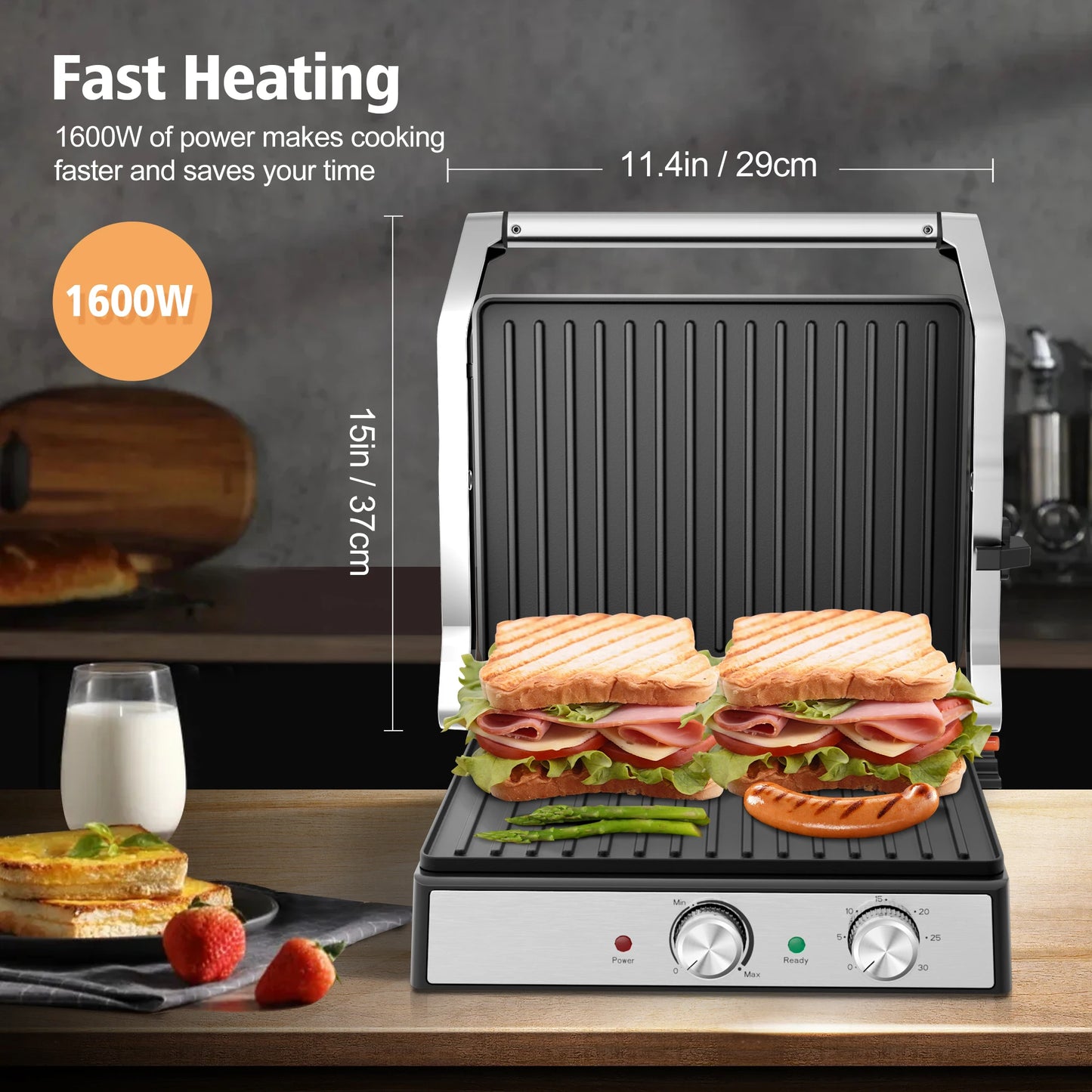 1600W 4-Slice Panini Press With Timer, Adjustable Temp & 180° Opening - Electric Grill, Stainless Steel Sandwich Maker