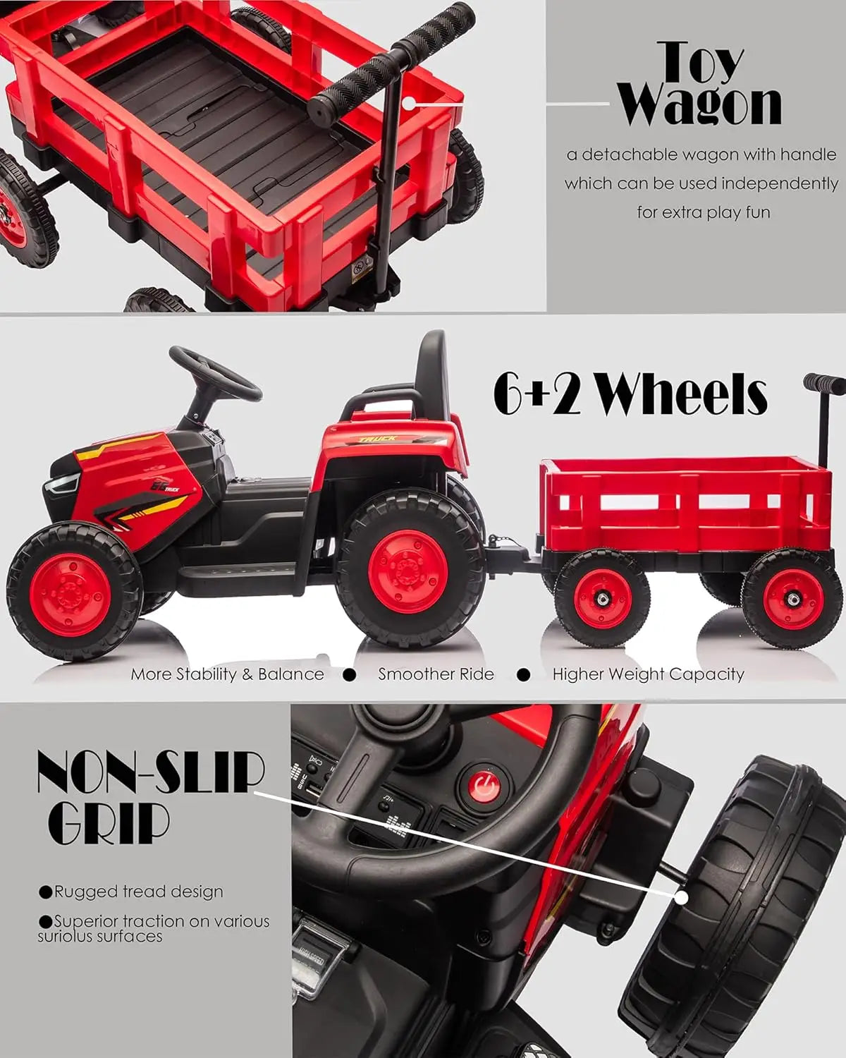 Toddlers Ride on Tractor with Detachable Garden Cart, 12V Electric Kids’ Vehicle with Trailer,Battery-Powered 8-Wheel,Ages 3–8Y