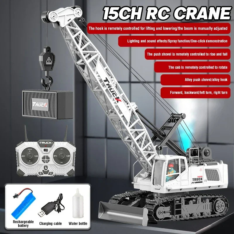 RC Crane Tractor 2.4G 15/13/11/9CH Children Electric Alloy Arm Remote Control Truck Engineering Vehicle Electric Spray Hook Toy
