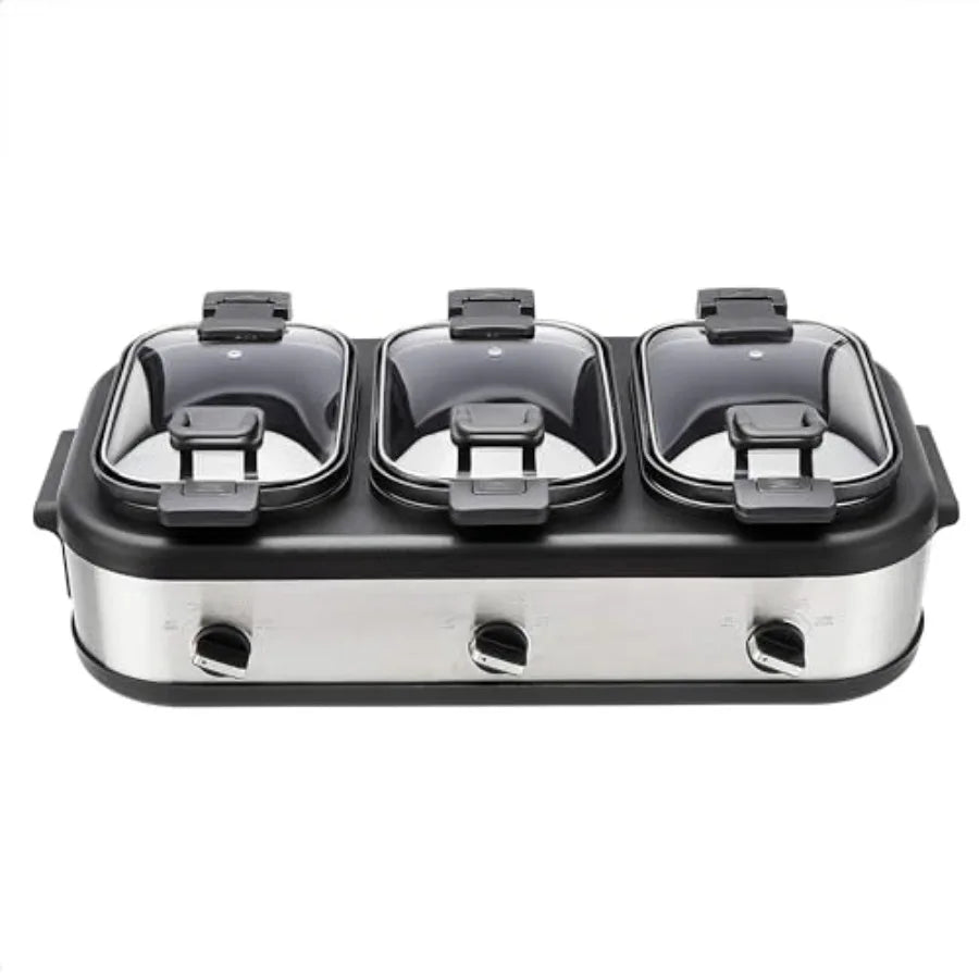 Triple Slow Cooker 3 x 2.5 Quarts Brushed Stainless Steel for Kitchen Use Durable Stainless Steel Matte Finish Easy to Clean
