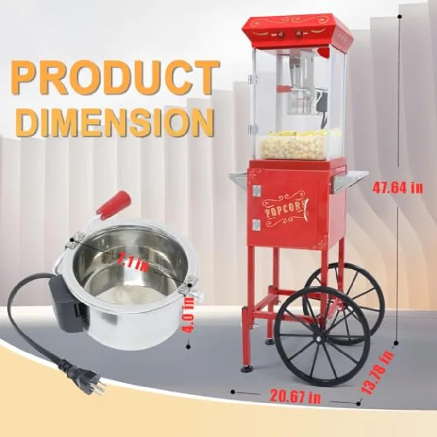 Popcorn Machine with Cart - 8OZ Stainless Steel Kettle Popcorn Maker With Wheels for Home Parties Movie Theater Grade Electric
