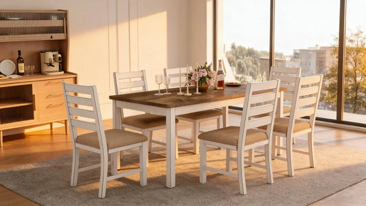 Farmhouse Dining Table Set for 6 Person, 59" Kitchen Table Set with 6 Upholstered Chairs, White Rectangular Dinner, Customized