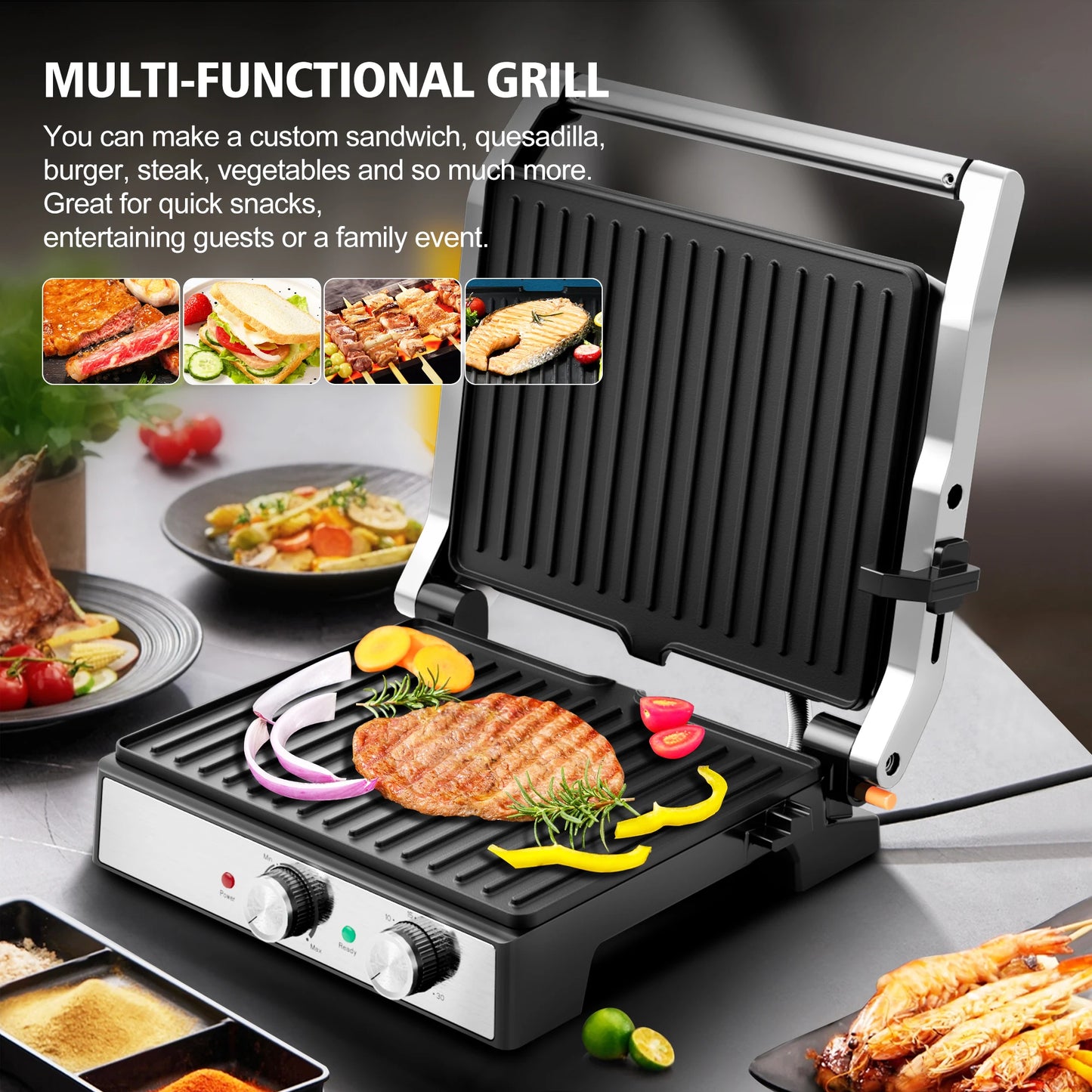 1600W 4-Slice Panini Press With Timer, Adjustable Temp & 180° Opening - Electric Grill, Stainless Steel Sandwich Maker