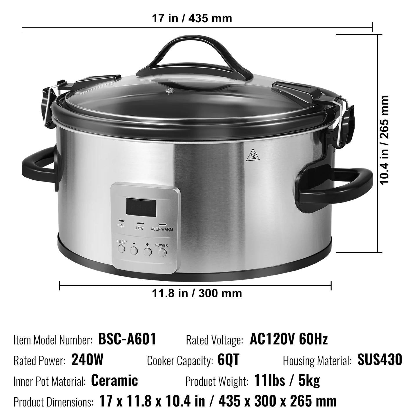 VEVOR Slow Cooker Digital Slow Cookers Locking Lid Ceramic Inner Pot for Home/Commercial Use