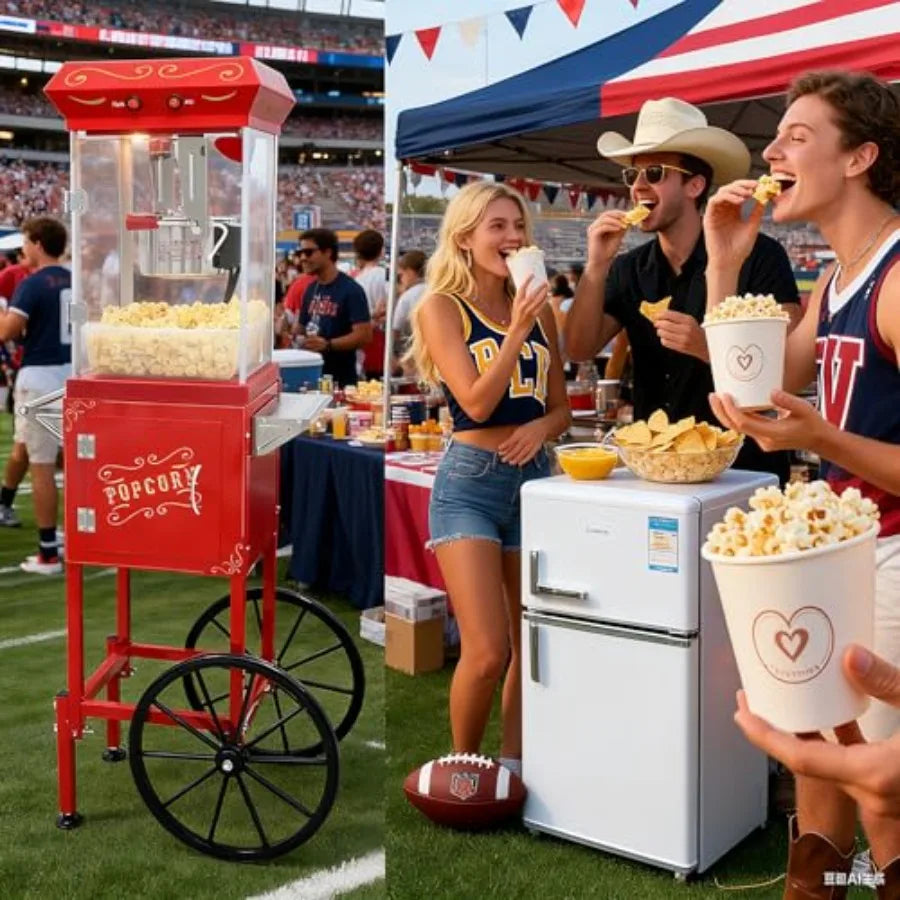 Popcorn Machine with Cart - 8OZ Stainless Steel Kettle Popcorn Maker With Wheels for Home Parties Movie Theater Grade Electric