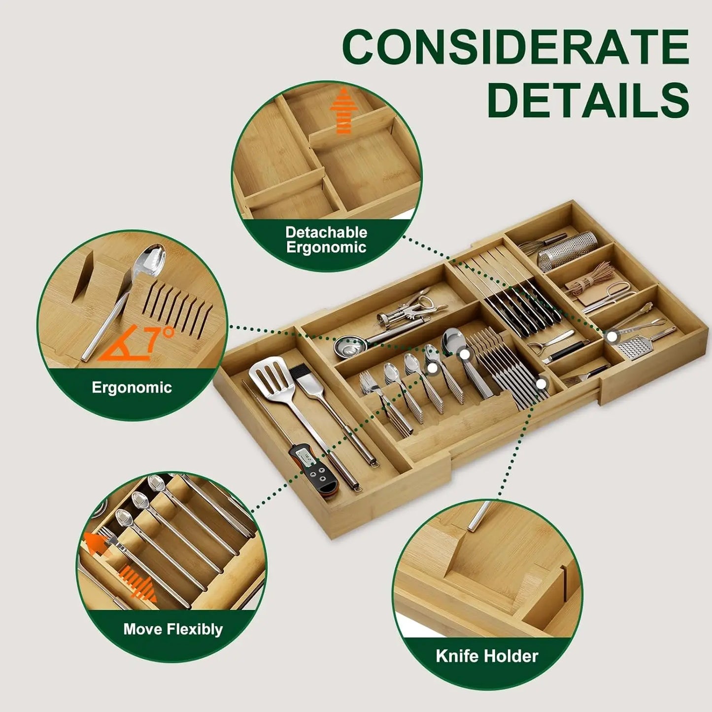 Bamboo Silverware Drawer Organizer, 17.7-29.5 Inch Expandable Large Kitchen Drawer Organizer, 5-8