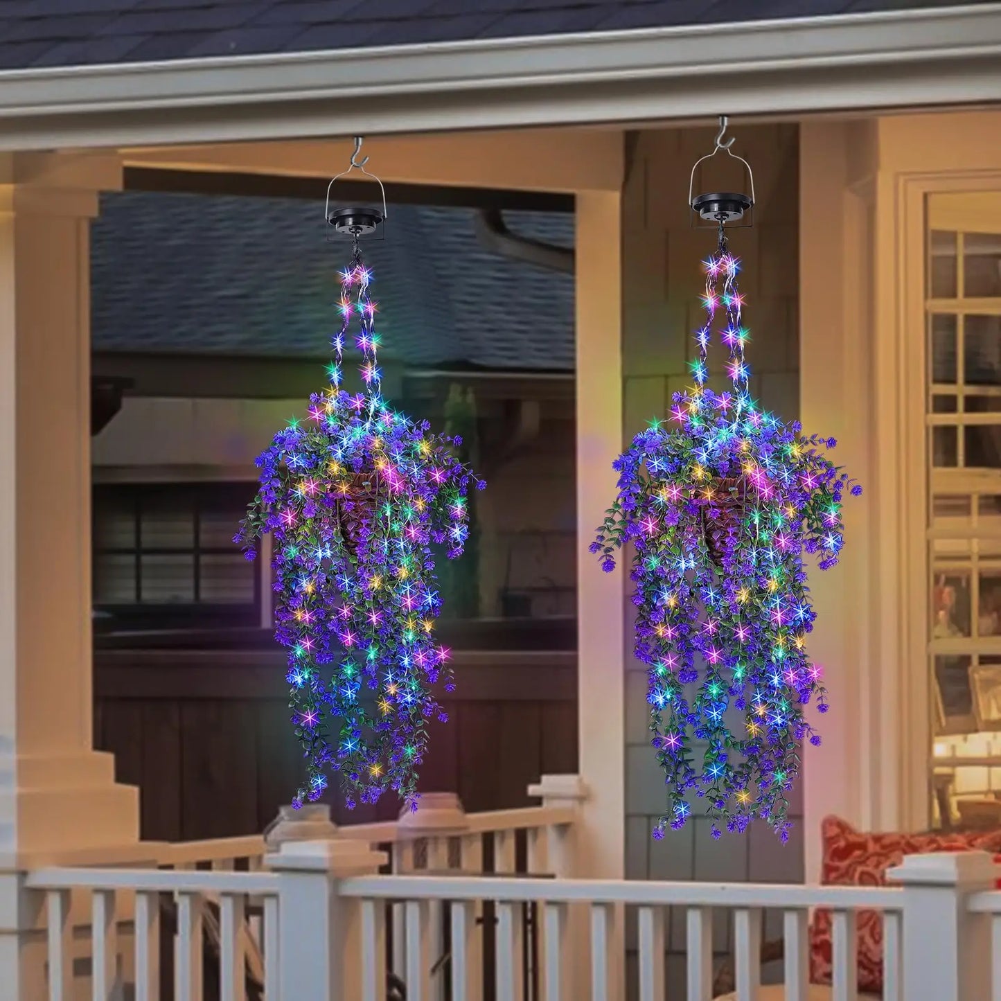 Solar-powered hanging flower baskets with RGB fireworks strings, perfect for porch gardens, weddings, and holiday decorations.
