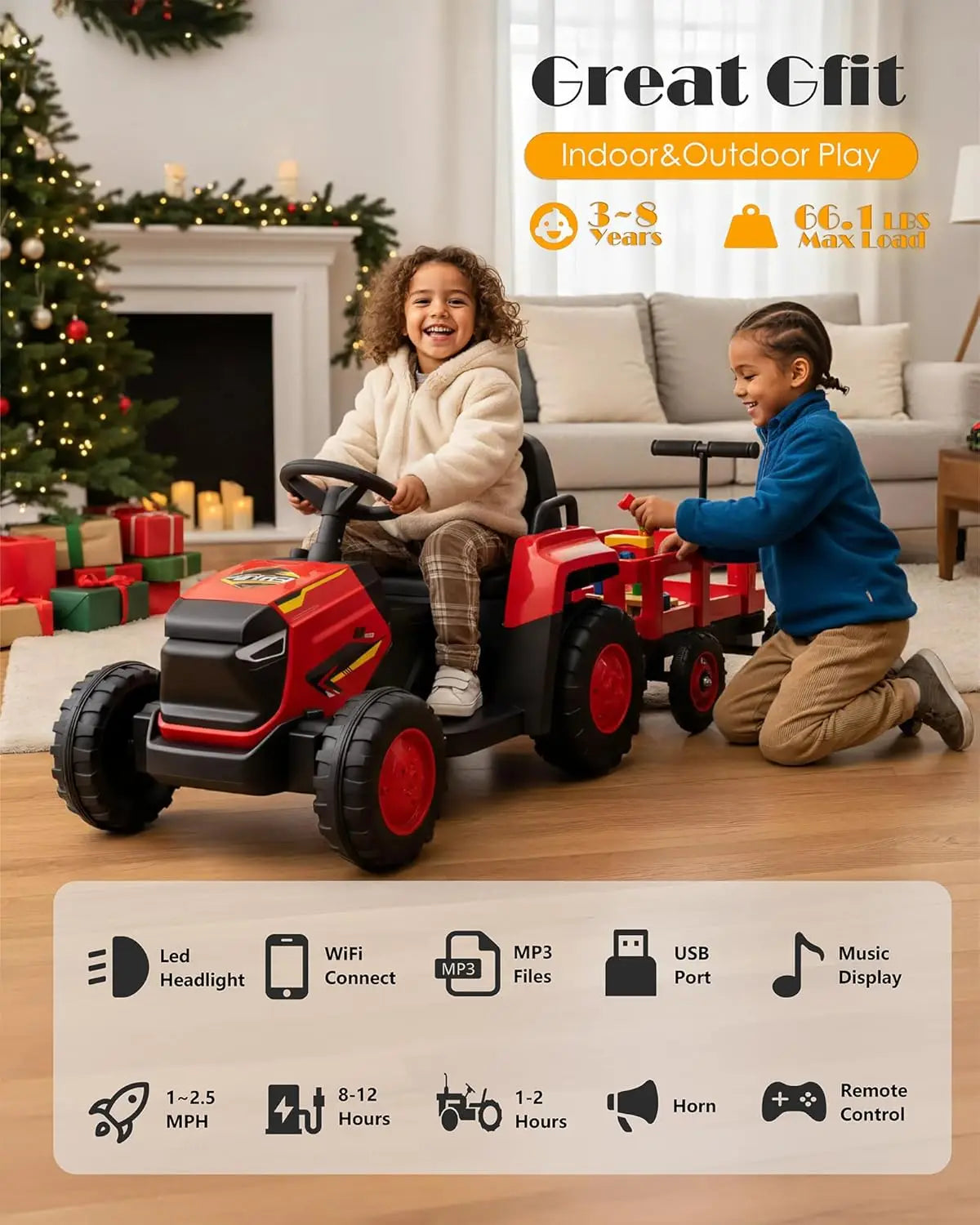Toddlers Ride on Tractor with Detachable Garden Cart, 12V Electric Kids’ Vehicle with Trailer,Battery-Powered 8-Wheel,Ages 3–8Y