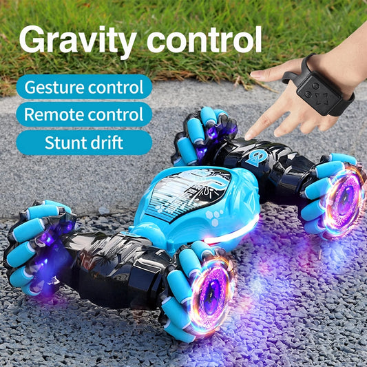 Remote Control Car - 2.4GHz 4WD Gesture Sensing RC Stunt Toy With Cool Music and Light, Double-Sided Rotating 360 Flips, Gifts f