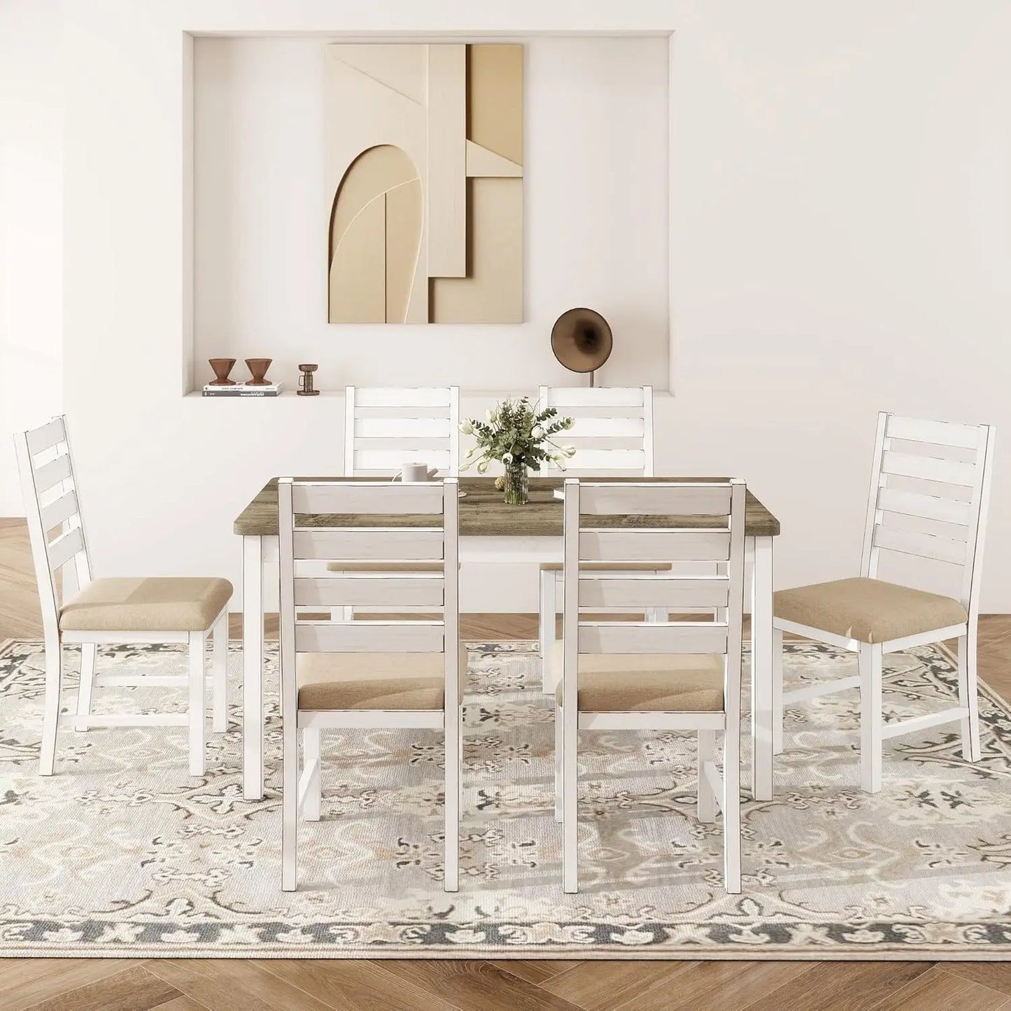 Farmhouse Dining Table Set for 6 Person, 59" Kitchen Table Set with 6 Upholstered Chairs, White Rectangular Dinner, Customized