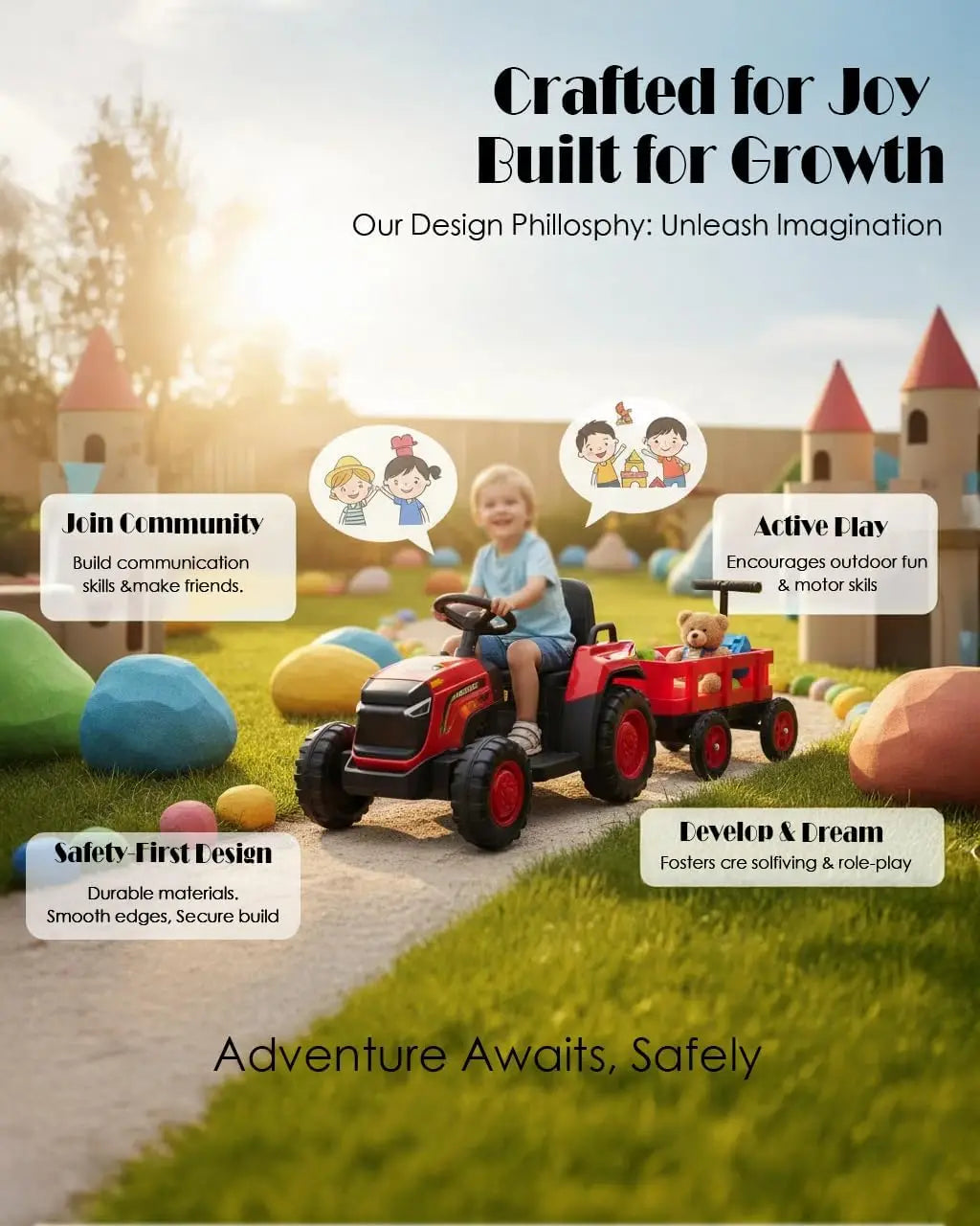 Toddlers Ride on Tractor with Detachable Garden Cart, 12V Electric Kids’ Vehicle with Trailer,Battery-Powered 8-Wheel,Ages 3–8Y
